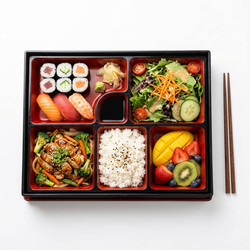 A black lacquer bento box with sushi, salad, chicken, rice and fruit