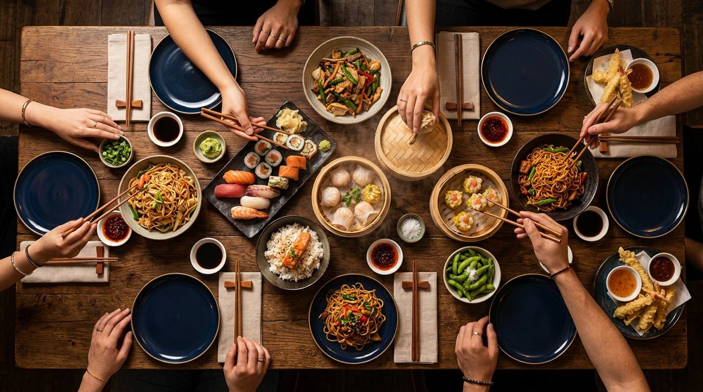 Shared table spread with sushi platters and wok dishes