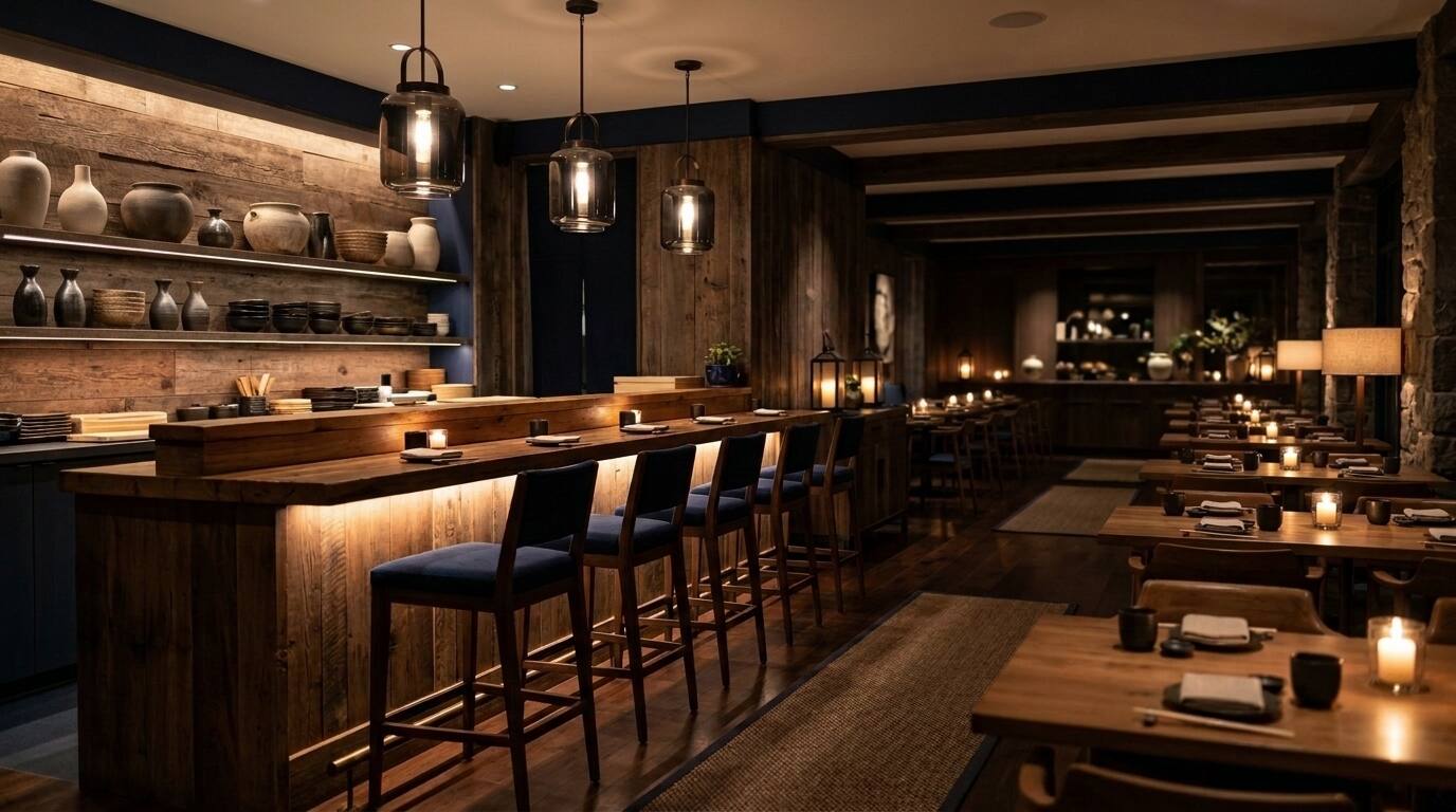 Modern dining room and sushi bar built with reclaimed wood
