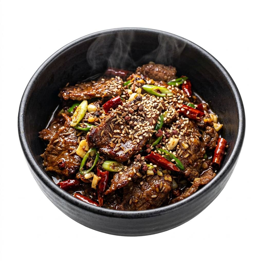 A black bowl of cumin beef wok toss with dried red chilies
