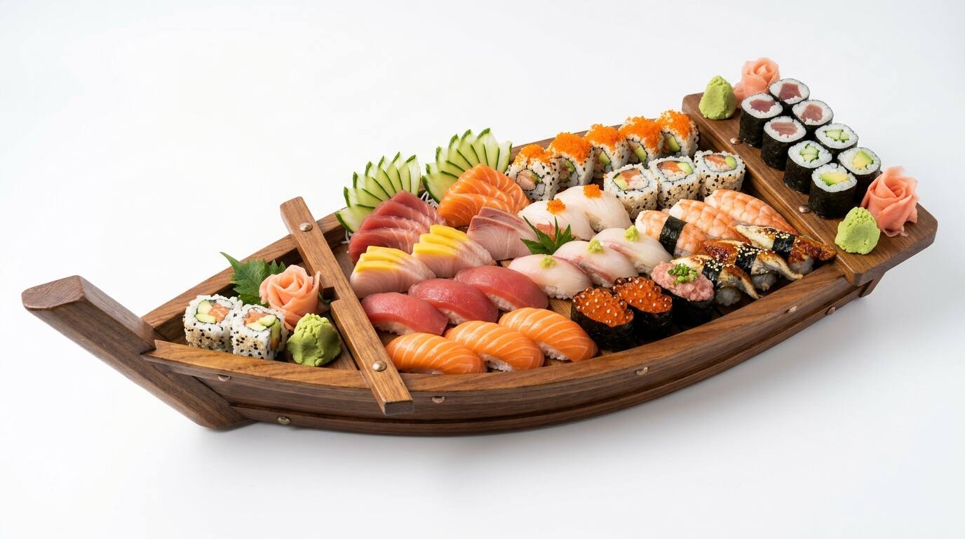 A wooden sushi boat loaded with nigiri, sashimi and rolls