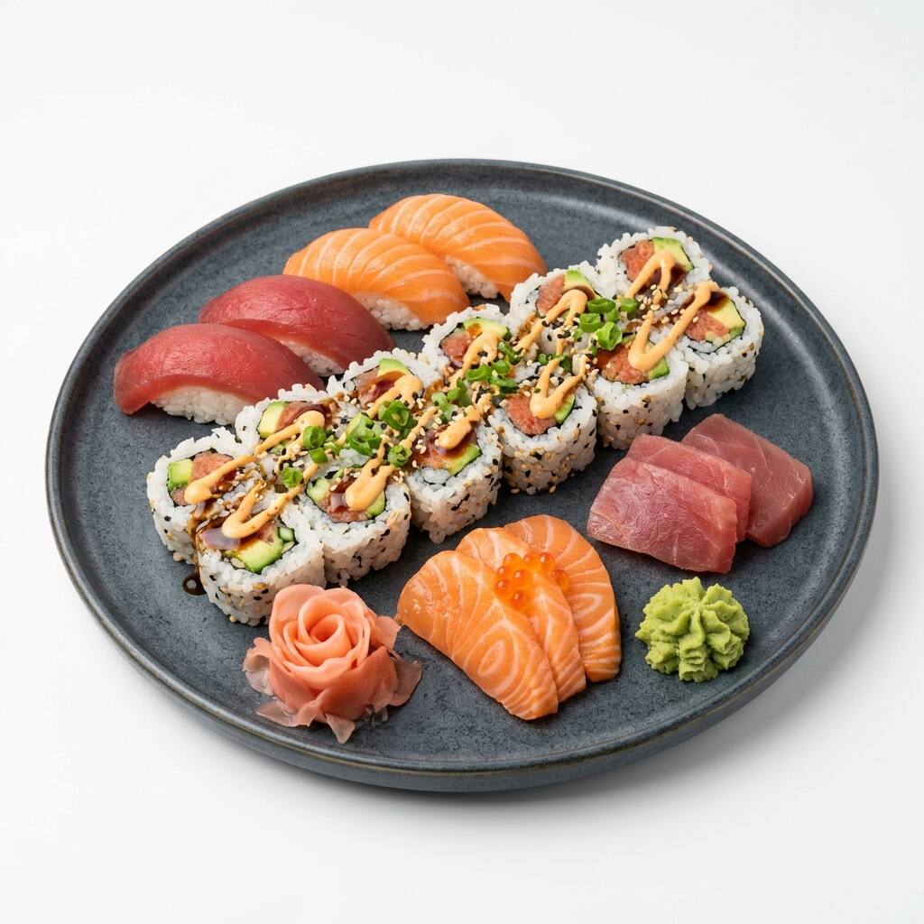 A slate plate of nigiri, spicy tuna rolls and sashimi